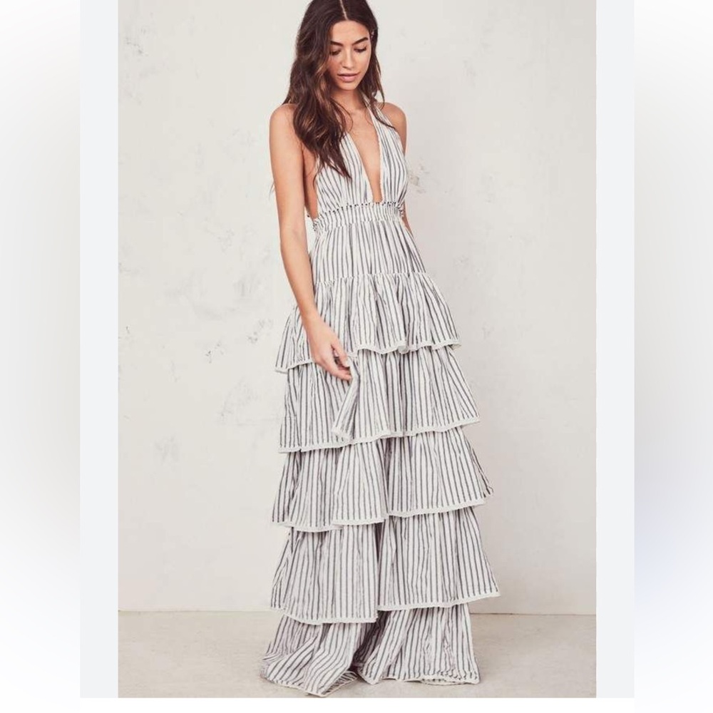 LoveshackFancy Clarissa striped tiered halterneck dress
